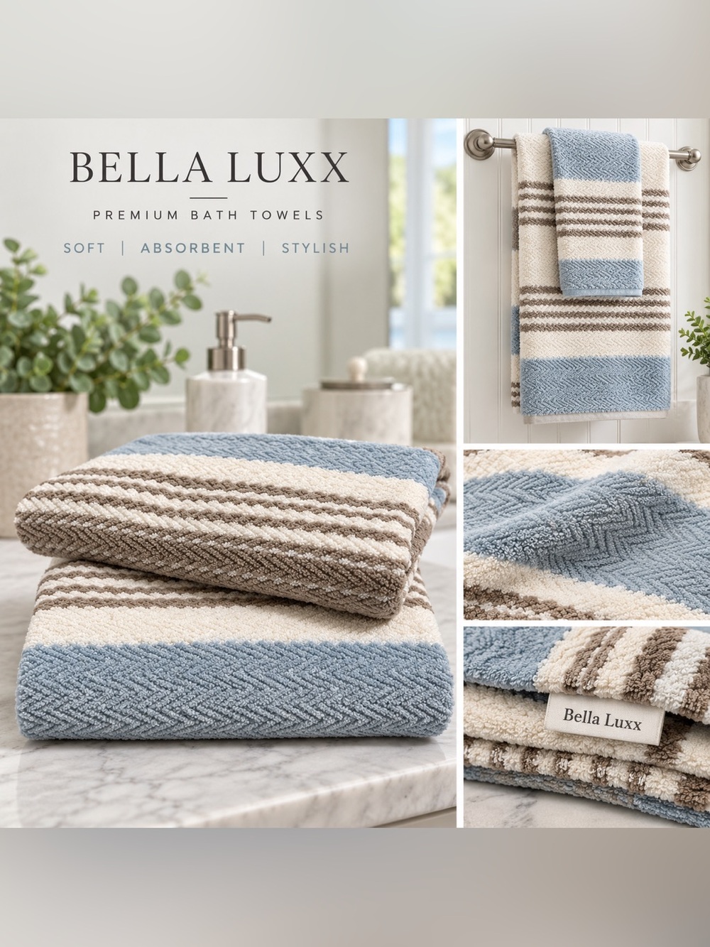 Bella Lux Beige Light Blue 2 BathTowels